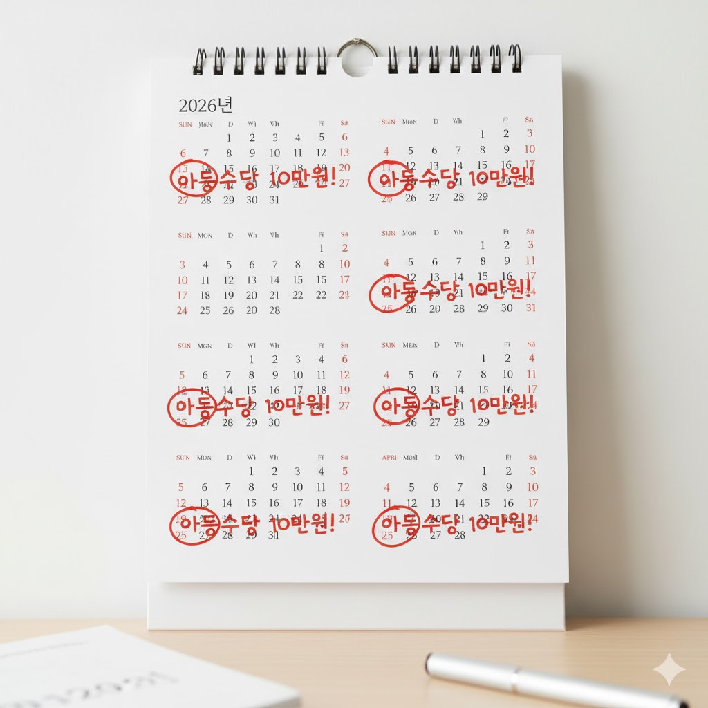 2026년 달력의 1월 25일, 2월 25일... 날짜에 '아동수당 10만원'이라고 동그라미가 쳐져 있는 모습