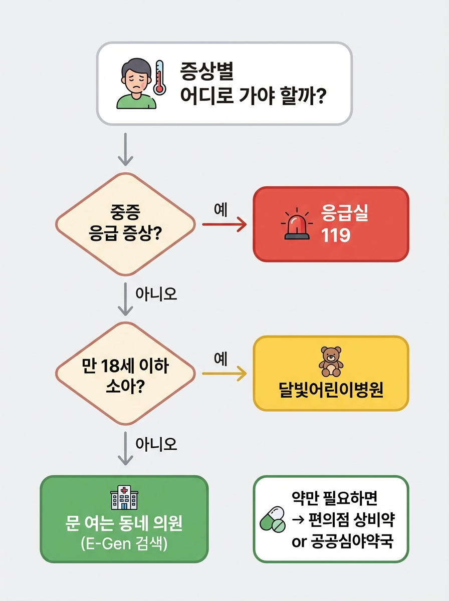 증상별 의료기관 선택 가이드 - 응급실, 달빛어린이병원, 동네 의원 판단 플로차트