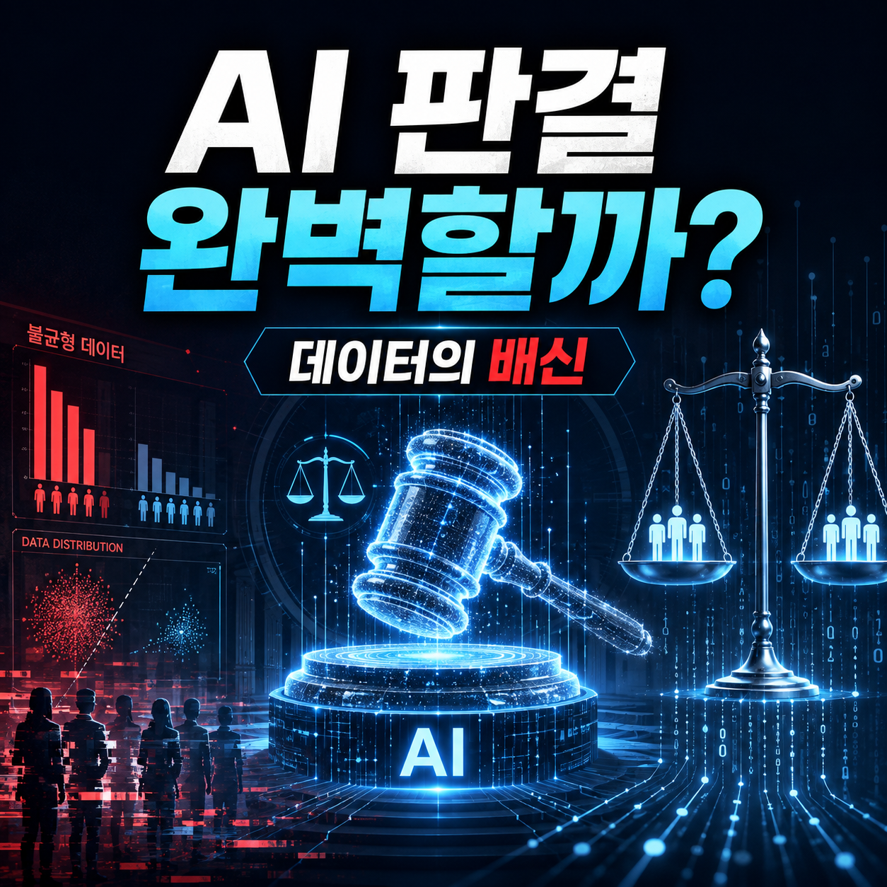 AI 판사의 판결과 데이터 편향 문제를 상징하는 홀로그램 법봉과 저울 이미지