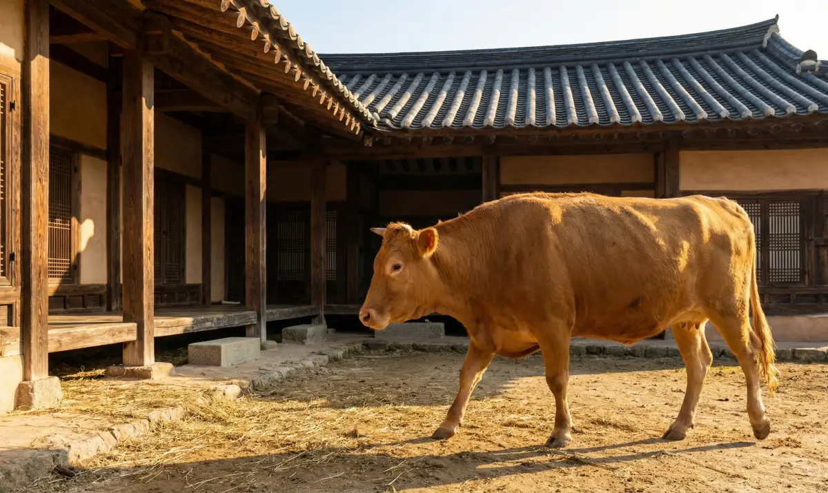 아침 햇살을 받으며 집 마당으로 걸어 들어오는 누런 소의 모습