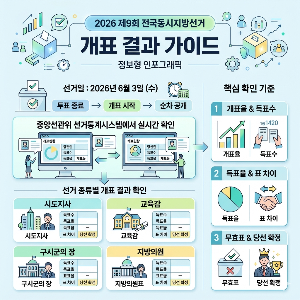 2026 지방선거 개표 결과 확인 방법 지역별 당선자&middot;득표율&middot;개표율 조회 인포그래픽
