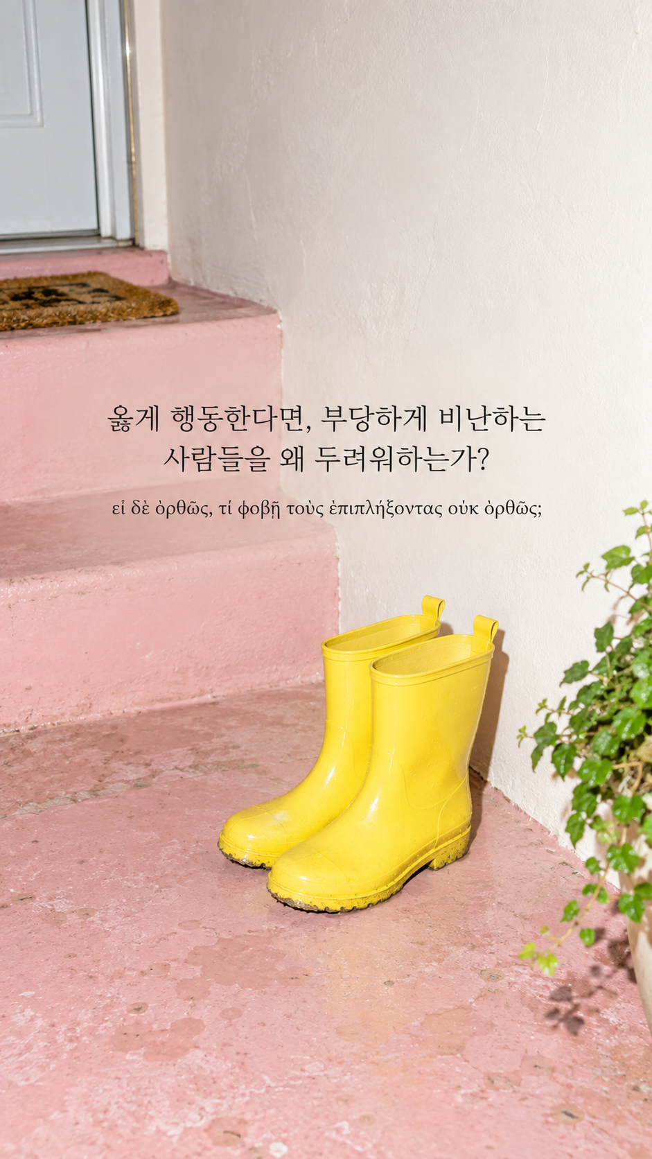 에픽테토스 명언 22 옳게 행동한다면, 부당하게 비난하는 사람들을 왜 두려워하는가? — 분홍 계단참의 노란 장화
