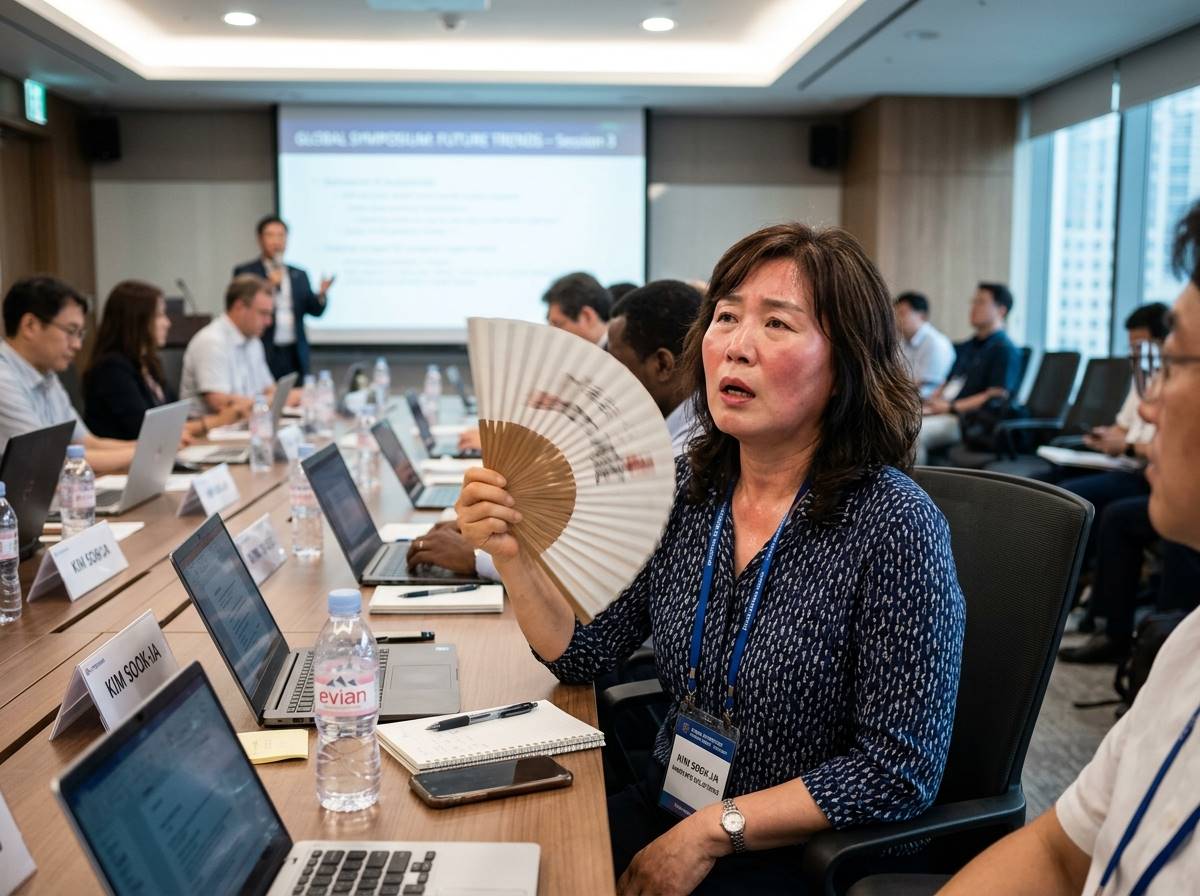 회의실에서 당황한 표정으로 얼굴이 붉어진 중년 여성이 손부채질을 하는 모습