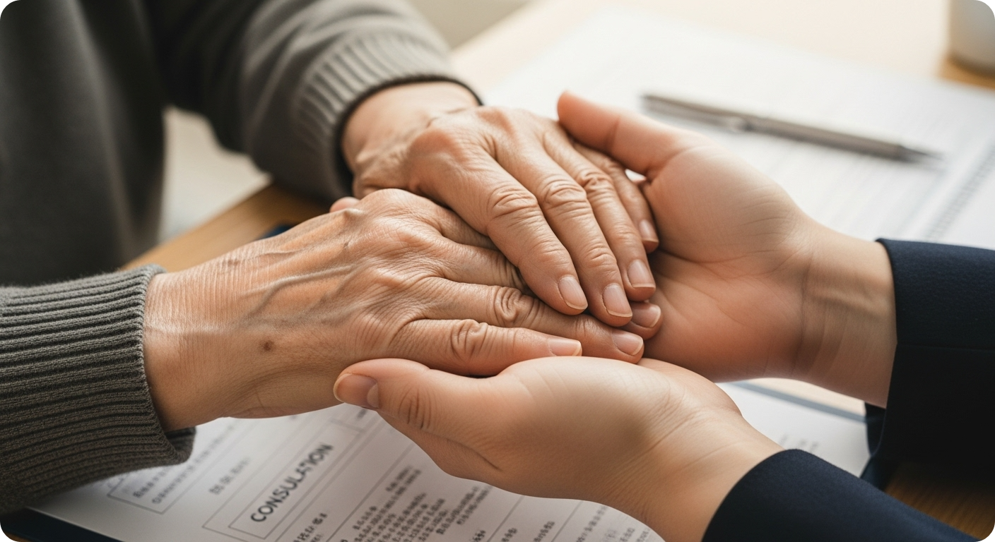 돌봄과 지원을 상징하는, 어른신의 손과 젊은이 손이 맞잡고 있는 모습.