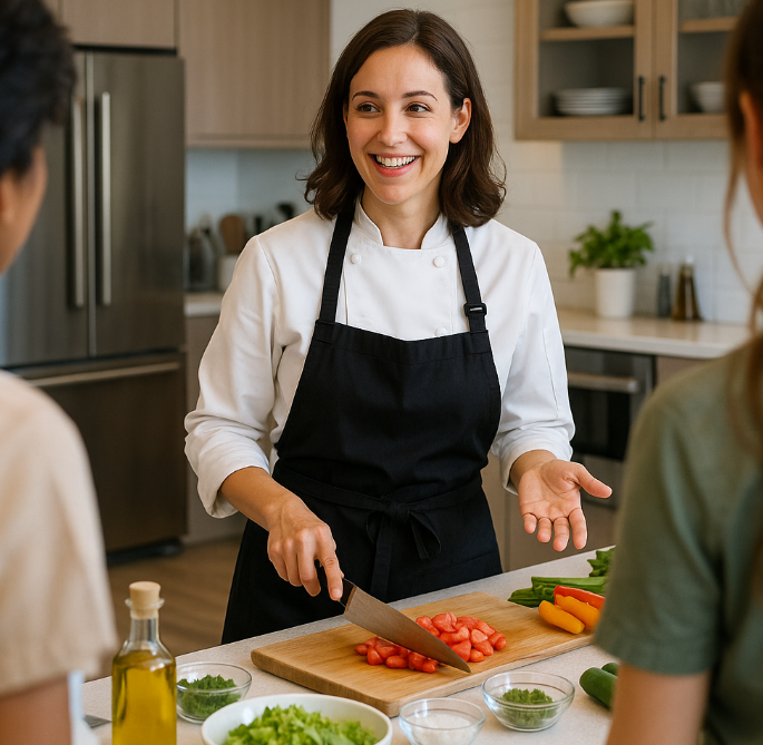 쿠킹 클래스를 통해 요리를 하는 여성 이미지