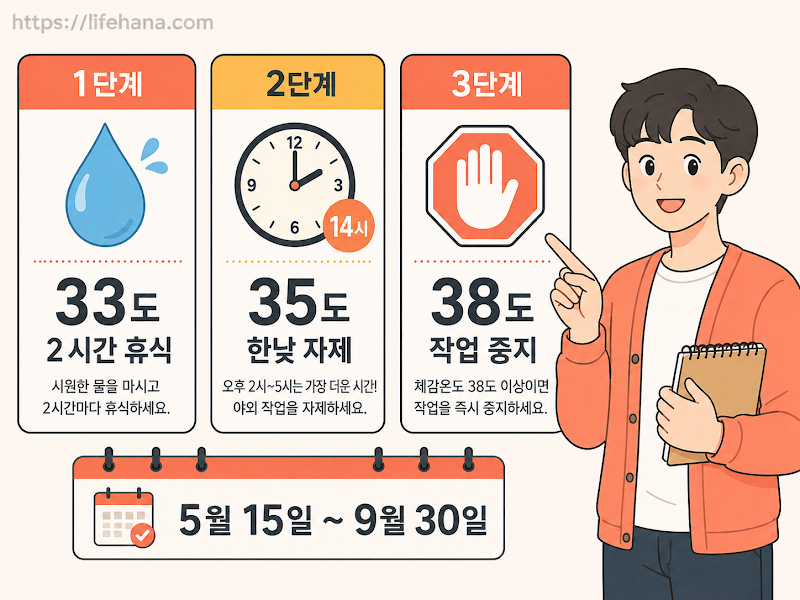 체감온도 33도, 35도, 38도별 작업 중단 및 휴식 배정 요율을 직관적으로 시각화한 타이머 인포그래픽