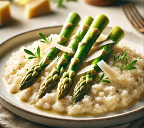 프랑스의 봄철 화이트 아스파라거스 리소토 - 신선한 화이트 아스파라거스를 넣은 크리미한 리소토