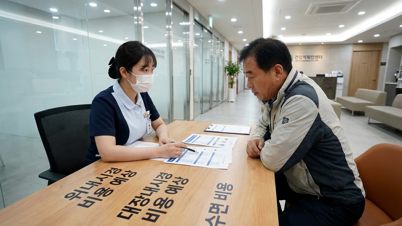 환자가 건강검진 센터에서 상담 간호사에게 비용 설명을 듣는 모습.
