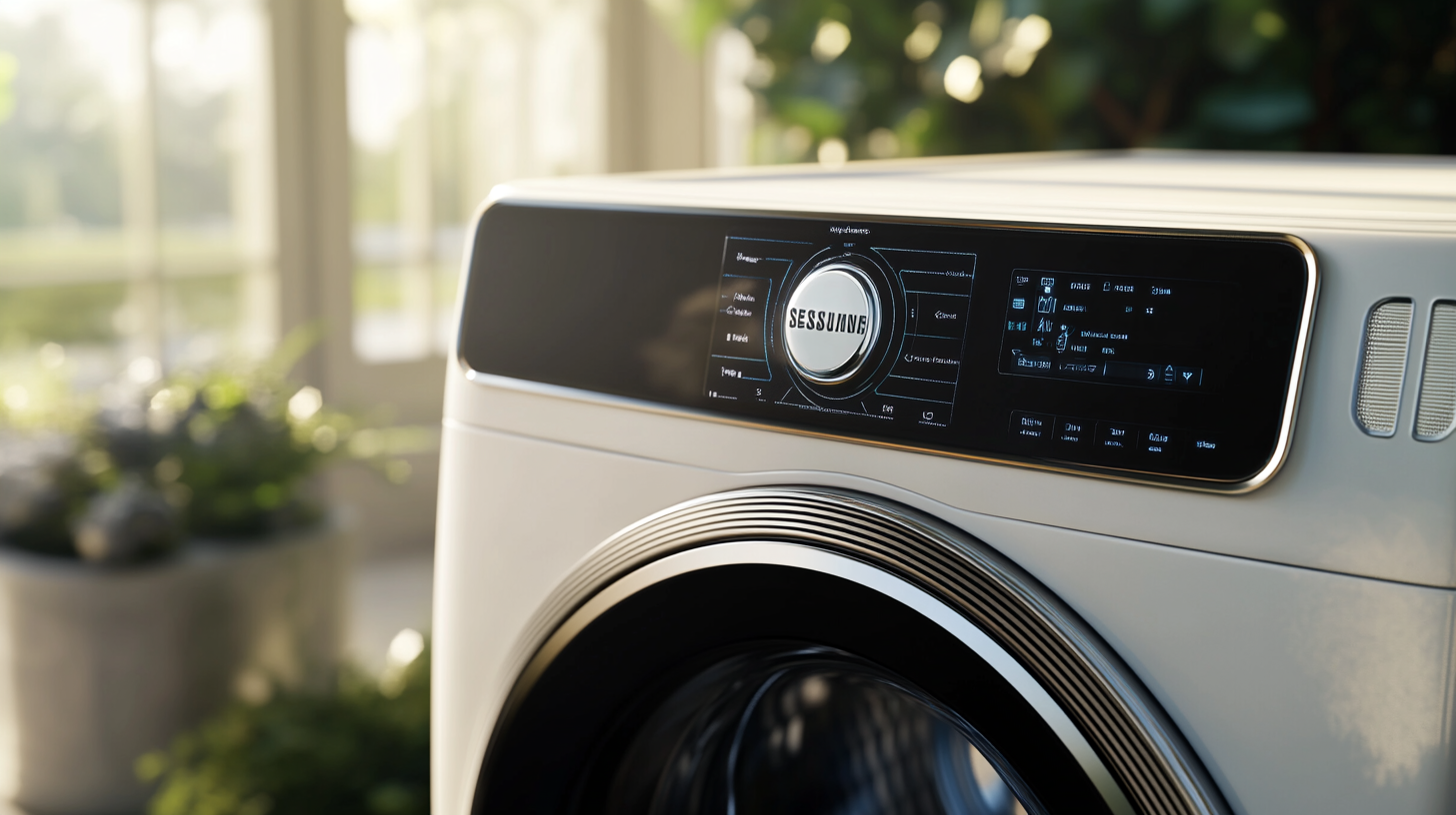 미래적 가정 환경에서 올인원 컨트롤 패널을 보여주는 삼성 BESPOKE AI 세탁기의 근접 이미지.