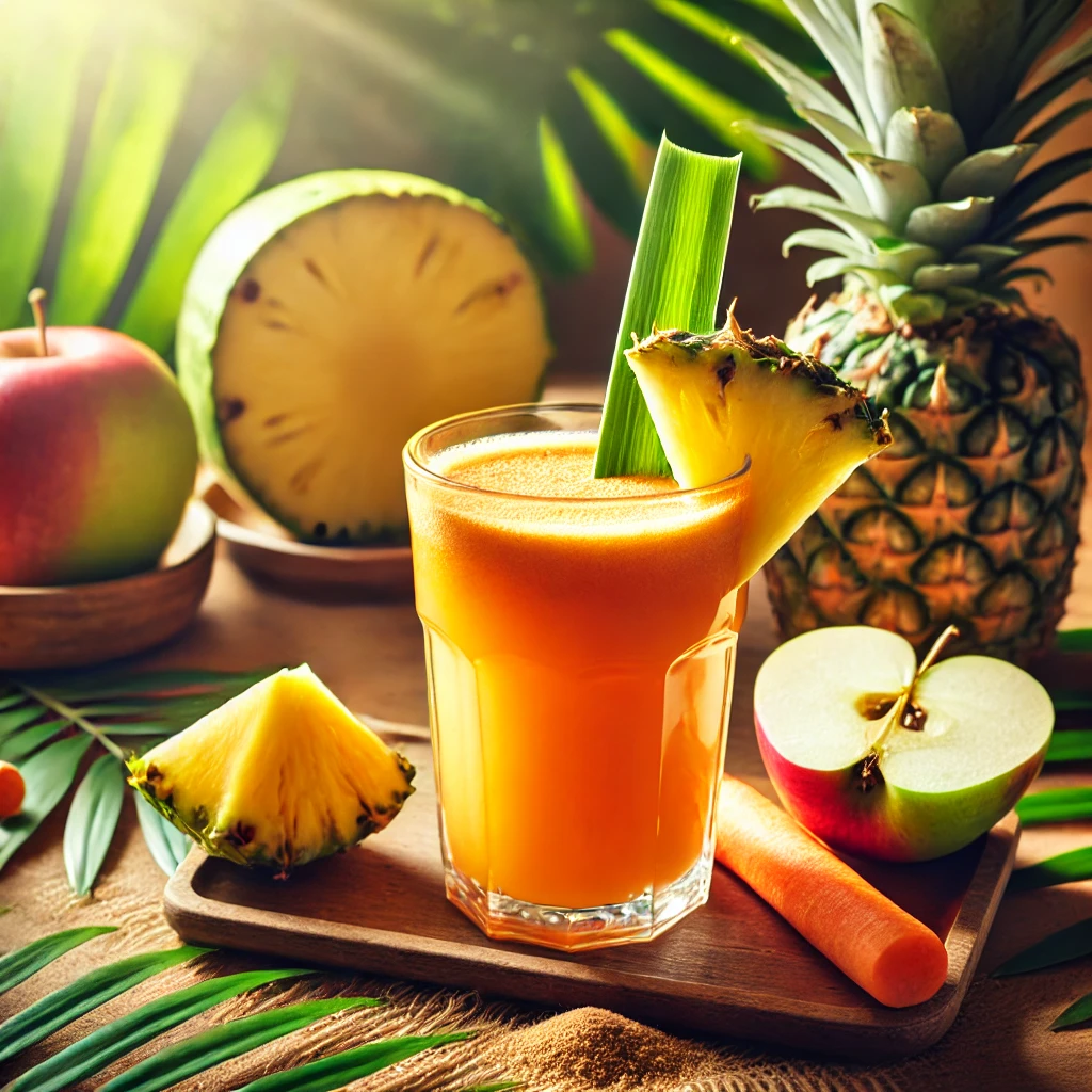 "파인애플과 사과로 만든 비타민C 가득한 트로피컬 주스: 폐 건강을 보호하고 면역력 증진을 돕는 상큼한 아침 디톡스 음료"