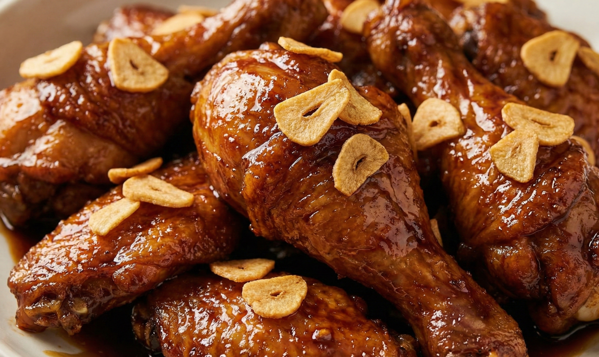 프라닭 블랙알리오 치킨, 진한 간장 소스와 마늘칩 토핑이 올려진 먹음직스러운 모습