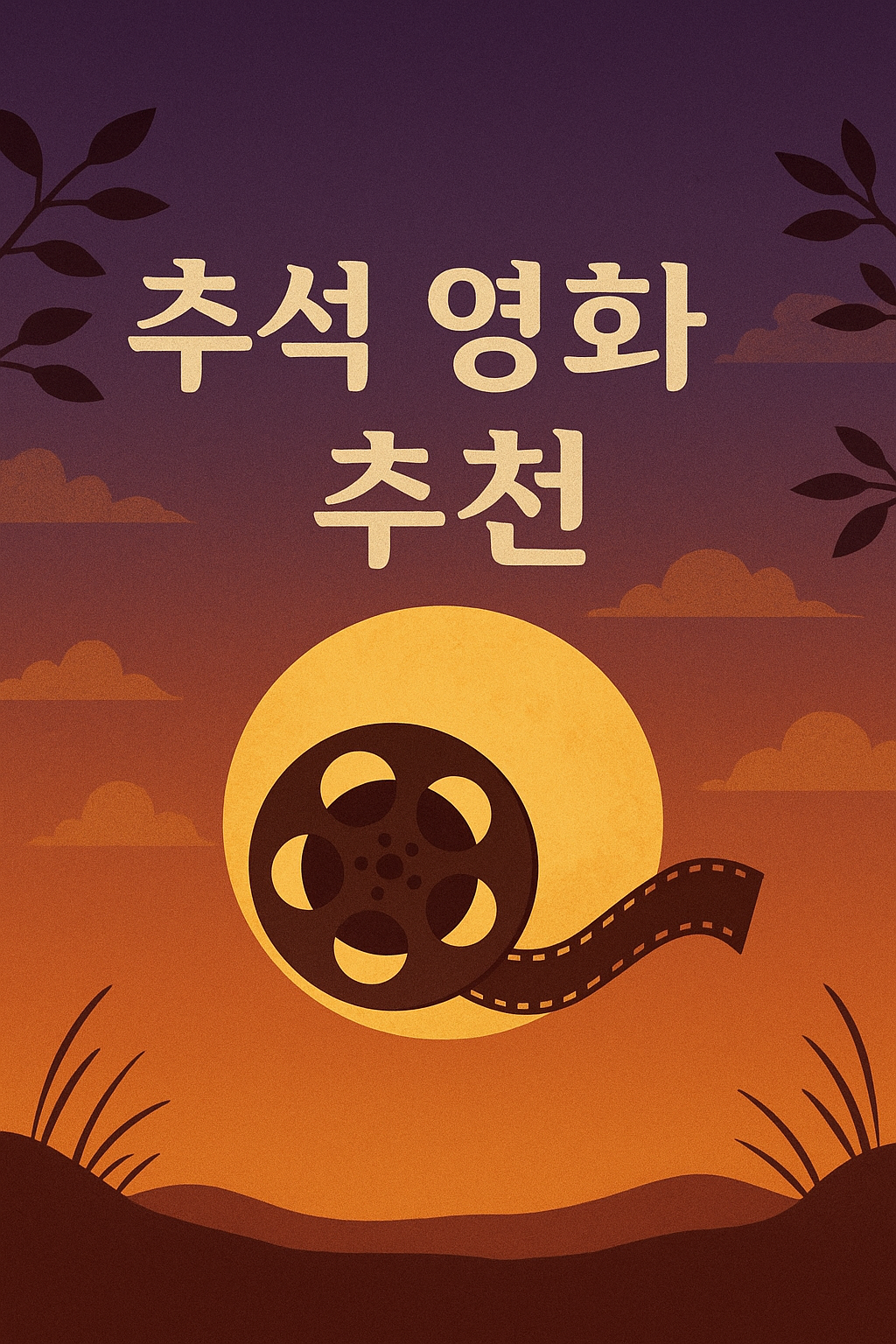 보름달과 영화 필름 릴을 배경으로 한 추석 영화 추천 포스터. 추석의 분위기와 영화를 함께 담은 감각적인 일러스트