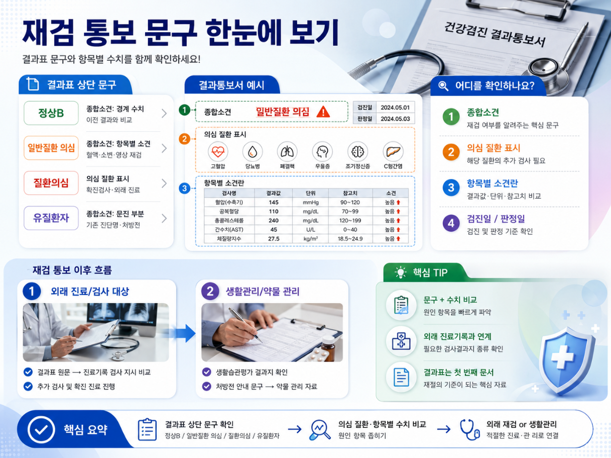 건강검진 결과표의 정상B, 일반질환 의심, 질환의심, 유질환자 문구 위치와 재검 확인 항목을 설명한 인포그래픽