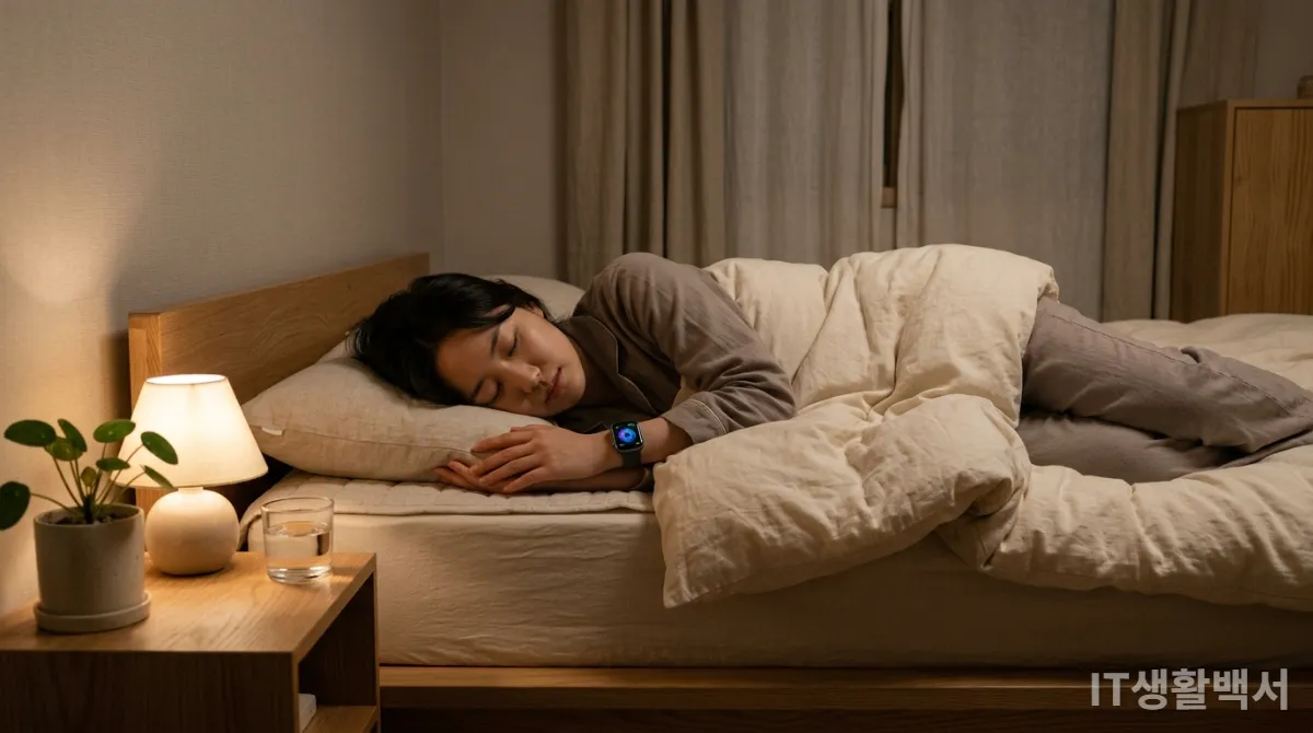 한국인이 스마트워치를 착용하고 침대에서 잠들어 있는 모습. 화면에는 수면 데이터가 표시되어 있다.