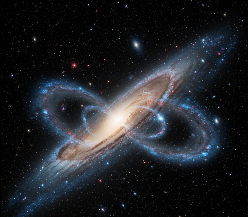 안드로메다 은하와 우리 은하가 서로 인력에 이끌려 충돌하며 하나의 거대한 타원 은하인 밀코메다로 병합되는 우주 가시화 이미지