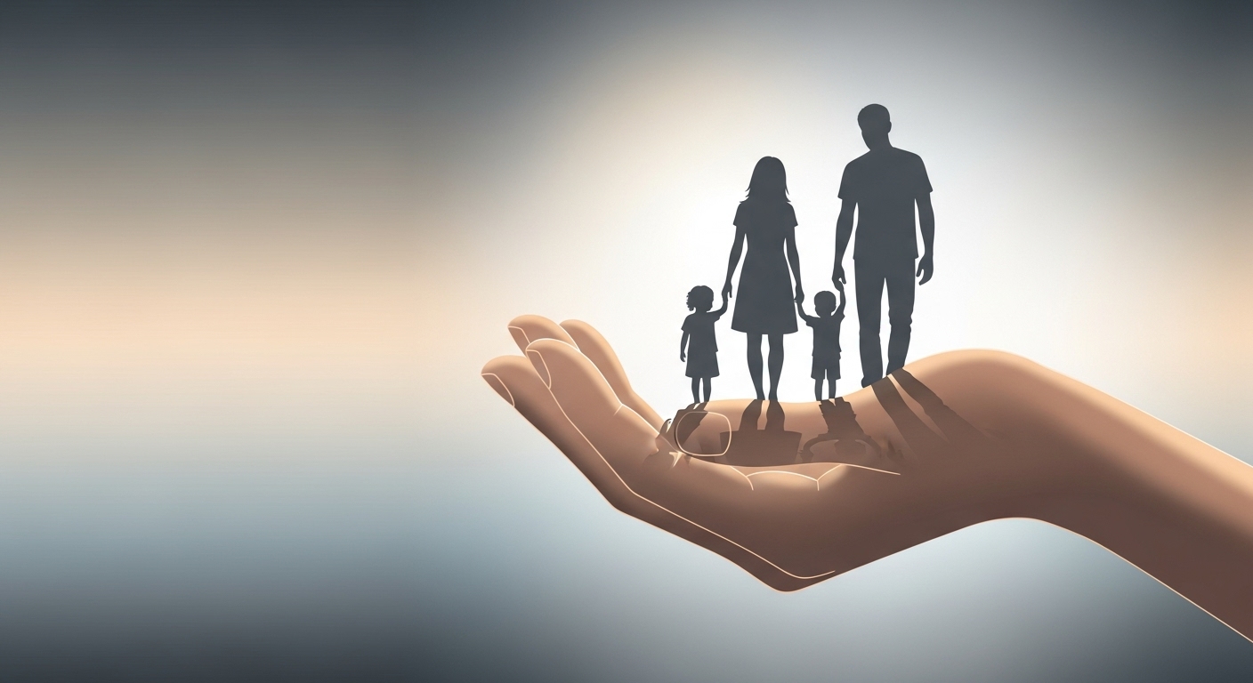 가족을 보호하는 손을 통해 부양의무 폐지와 정부의 지원을 표현한 이미지.