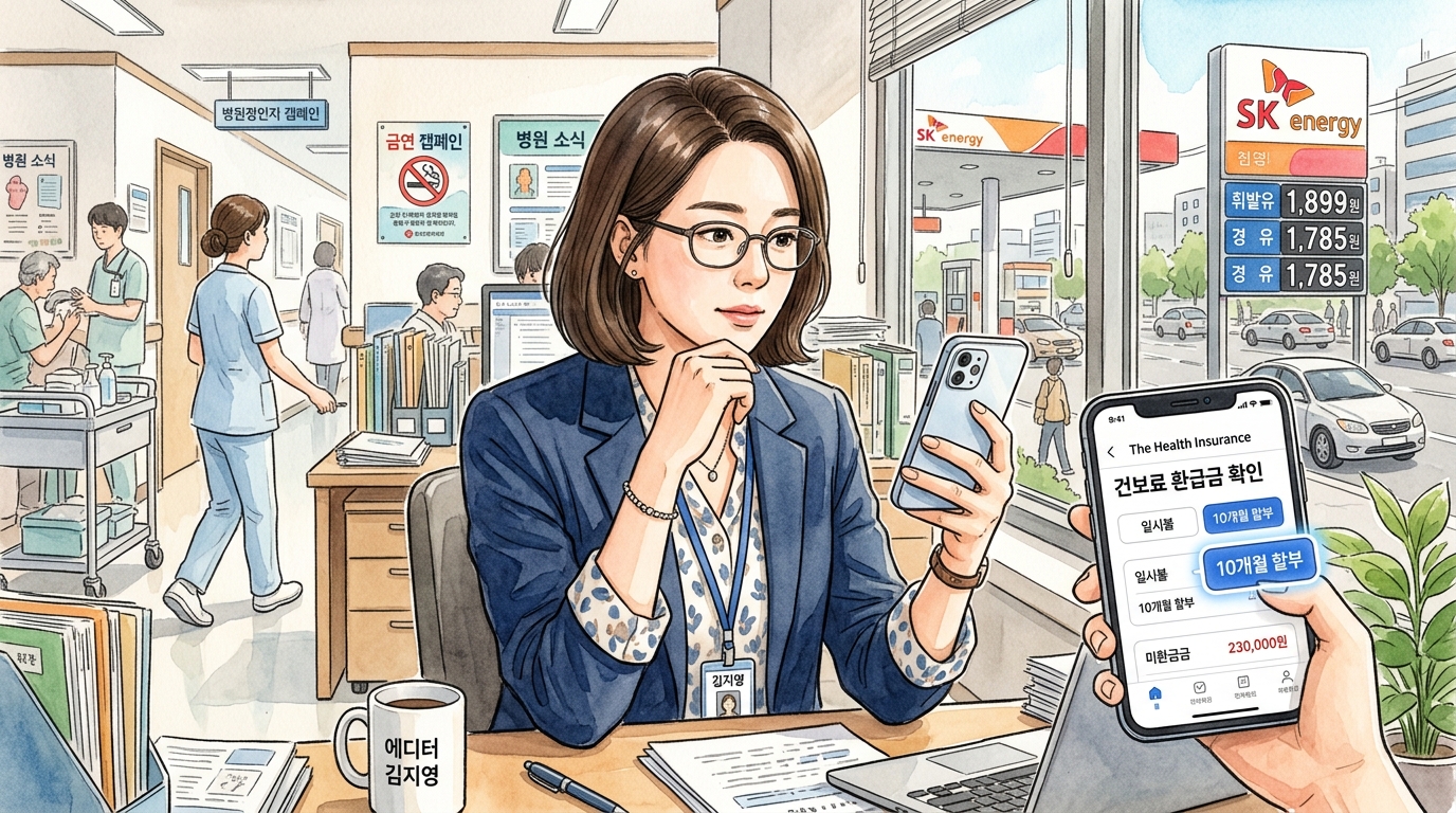 4월 추가 보험료 폭탄으로'건보료 환급금 확인' 후 최대 10회 분납 신청하는 직장인의 모습.