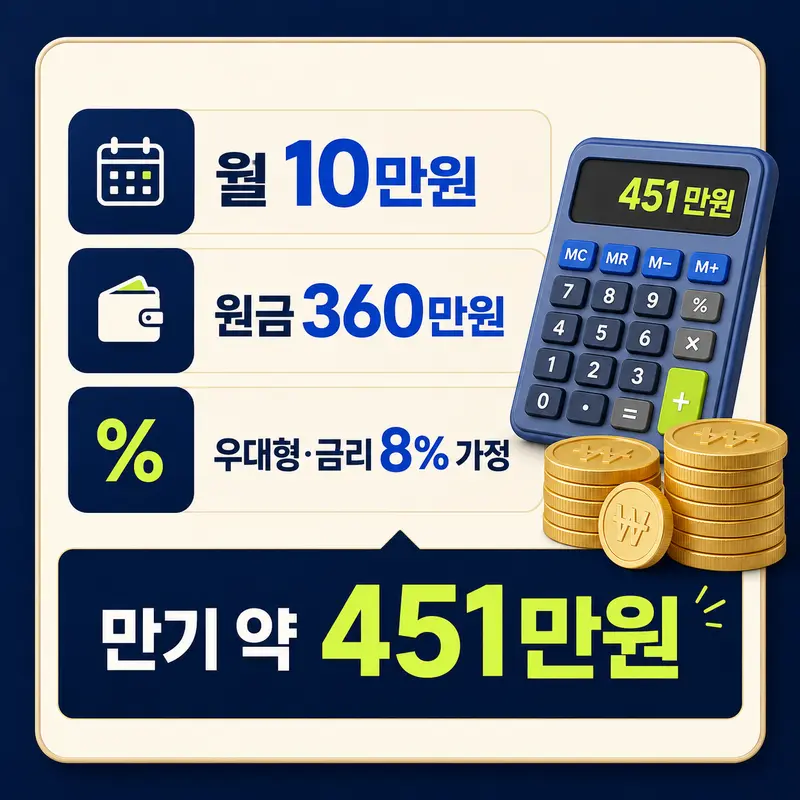 청년미래적금 월 10만원 3년 원금 360만원 우대형 예상 만기 451만원