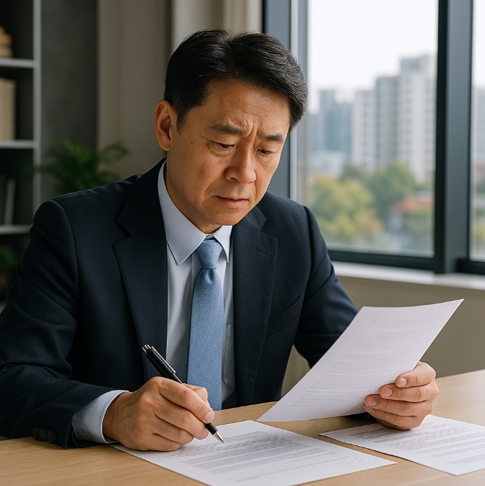 사무실에서 진지하게 문서를 검토하며 계획을 세우고 있는 남성의 모습