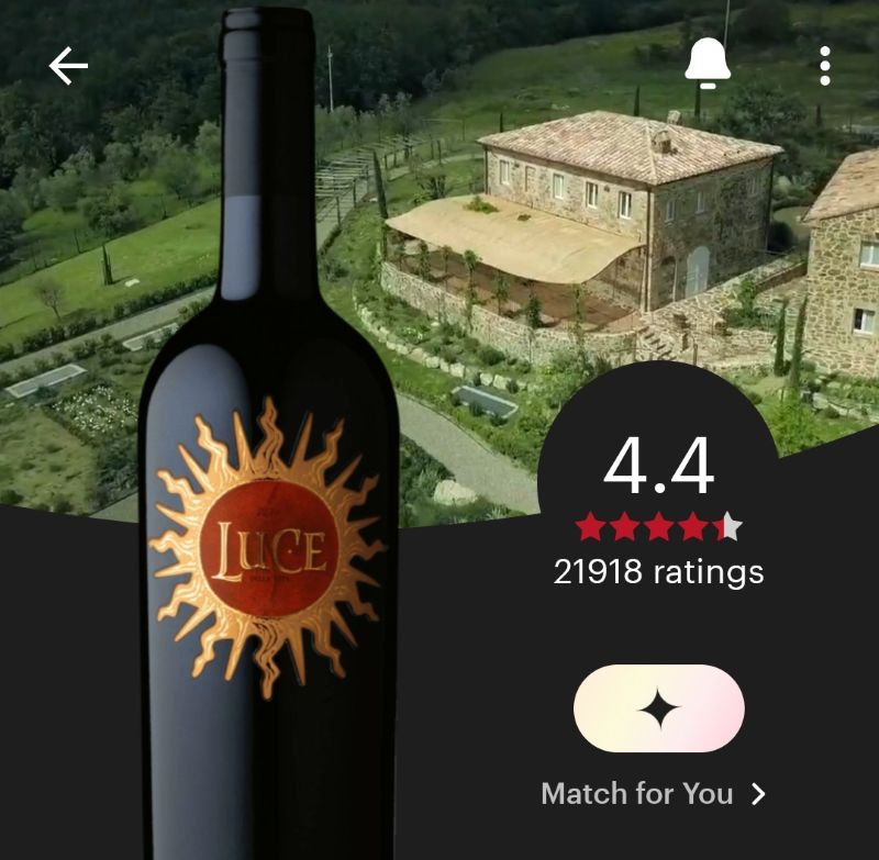 비비노(Vivino) 앱에서 평점 4.4점을 기록한 이탈리아 명품 와인 루체(Luce)의 상세 화면 캡처