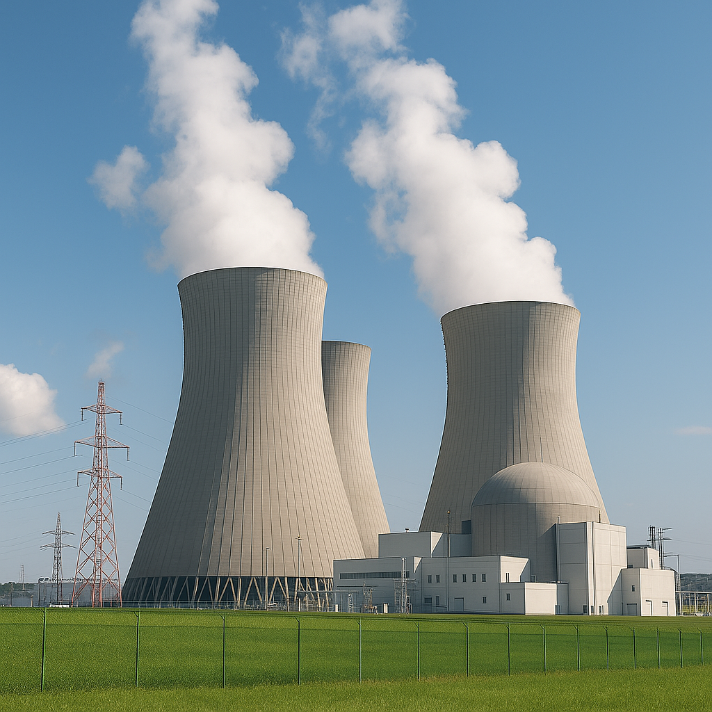 Wide-angle view of a nuclear power plant with cooling towers releasing steam under clear blue sky