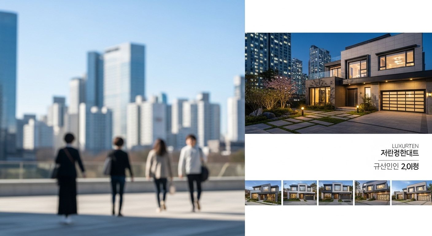 고급 부동산 분양 브로셔와 모델하우스 배경, 흐릿한 인물