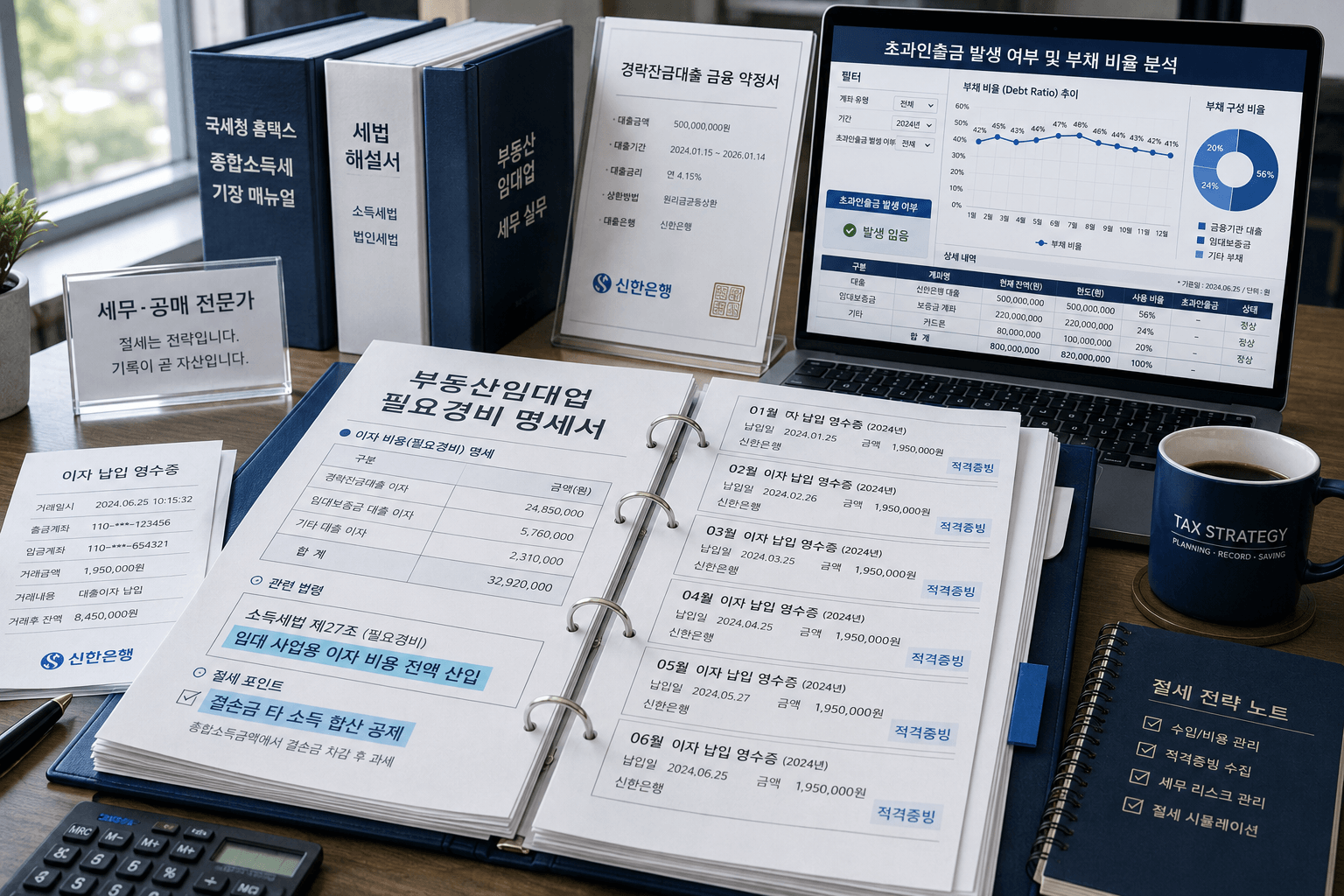 경락잔금대출 금융 약정 서류와 은행 이자 납입 영수증, 그리고 국세청 홈택스 종합소득세 기장 프로그램 화면이 조화롭게 매칭되어 이자 비용의 필요경비 산입 과정을 정밀하게 검증하는 세무·공매 전문가의 집무실 데스크 이미지