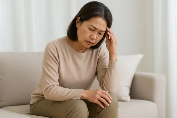 무릎 짚은 중년 여성 고민 모습