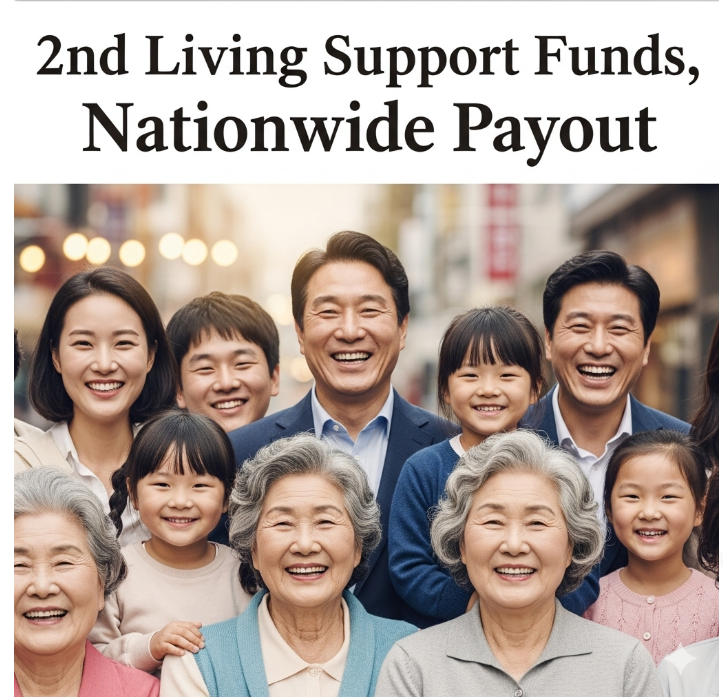 신문 헤드라인에 '2차 민생지원금, 전 국민 지급'이라는 제목이 크게 보이고, 그 아래로 다양한 연령층의 사람들이 환하게 웃고 있는 모습이 담겨 있다.