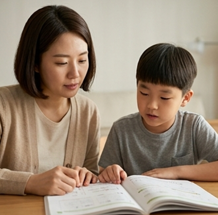 엄마와 아들이 문제집을 함께 들여다보는 모습