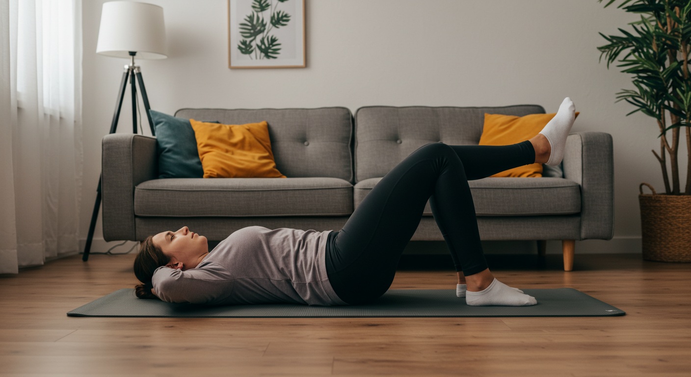 거실에서 매트 위에 복부 운동을 하는 사람의 모습