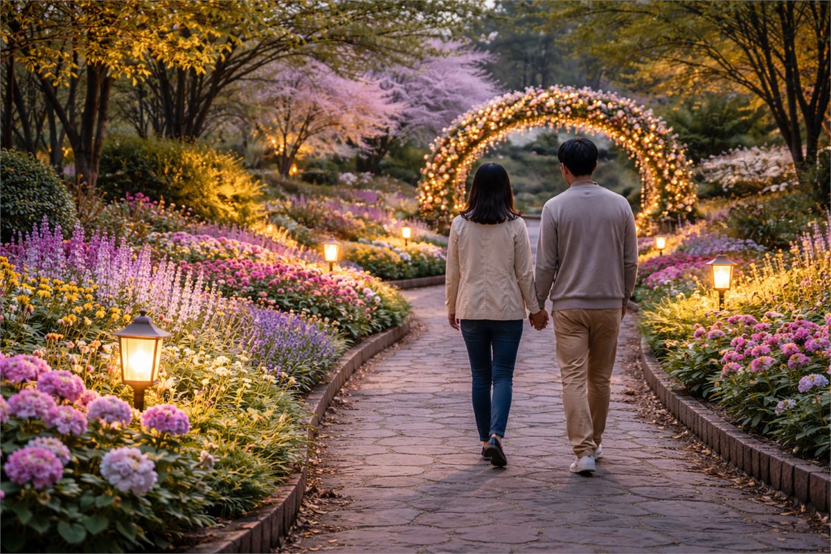저녁 무렵 테마정원을 걷는 한국인 커플의 뒷모습 