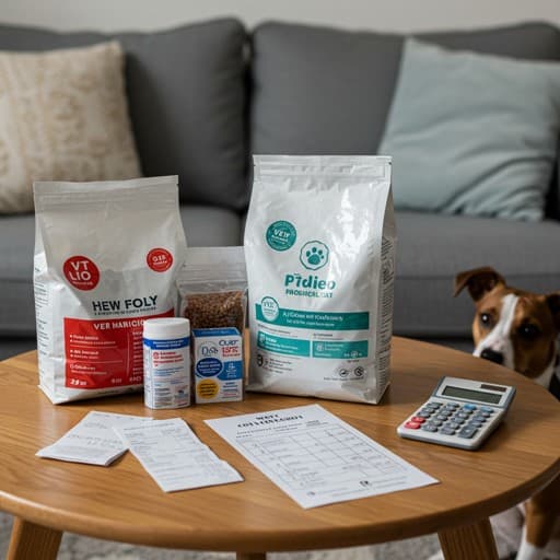거실 테이블 탑뷰에 사료 포대, 약 봉투, 수의사 영수증, 계산기와 체크리스트가 가지런히 놓여 있고 반려견 또는 반려묘가 한쪽에서 고개를 내미는 장면