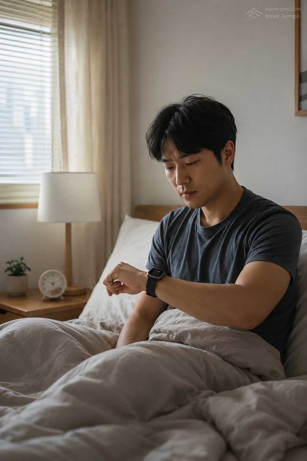 침대 위의 아침 시간 체크