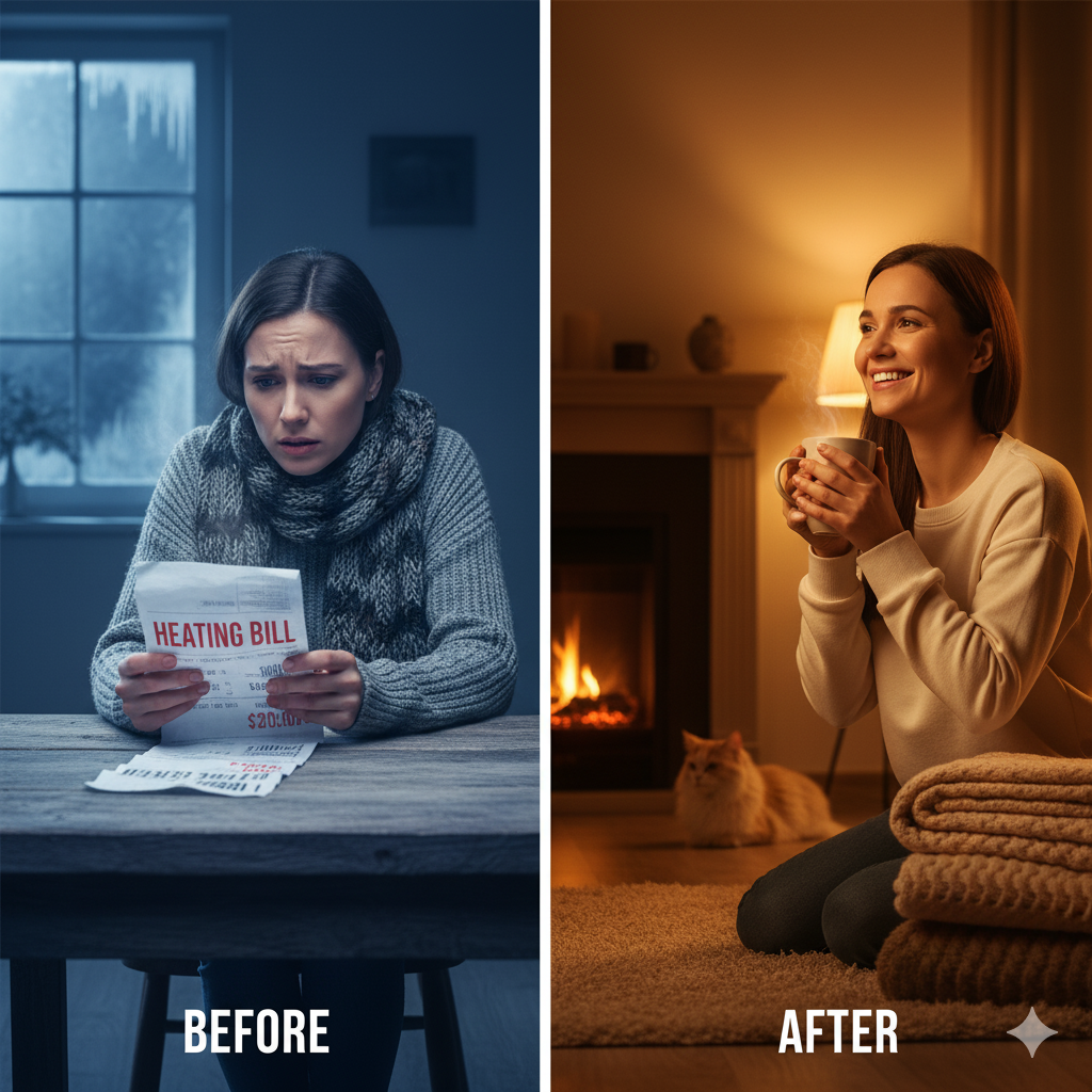 에너지바우처 혜택을 보여주는 비포 애프터(Before/After) 비교 이미지. 왼쪽은 난방비 고지서를 보고 걱정하는 추운 모습, 오른쪽은 따뜻한 실내에서 편안하게 미소 짓는 모습.