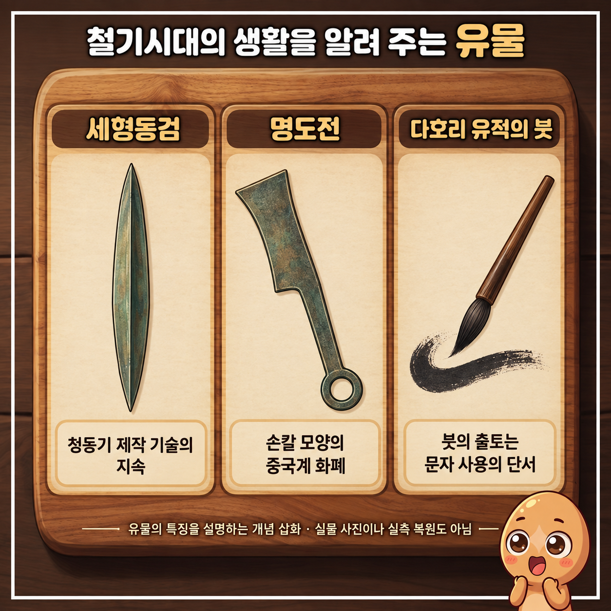 세형동검&middot;손칼 모양 명도전&middot;다호리 붓의 의미를 정리한 개념 삽화