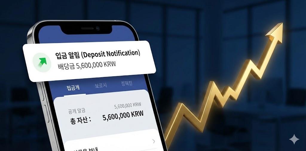 스마트폰 화면에 월 5,600,000원의 입금 내역이 떠 있고, 그 뒤로 우상향하는 그래프와 '배당금이 월급을 추월하다'라는 문구가 세련되게 디자인된 이미지