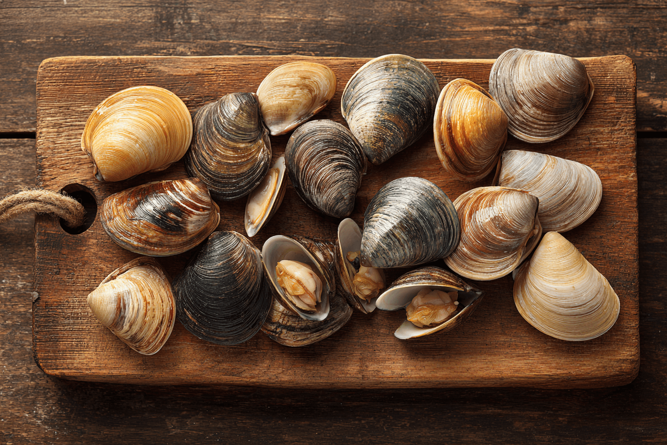 도마-위에-올려져있는-바지락-이미지