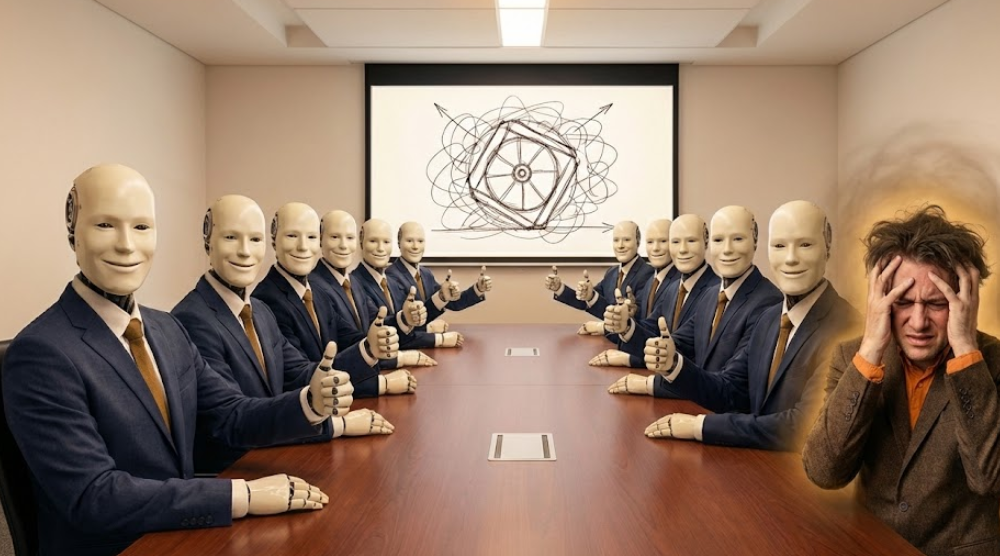 화이트보드에 그려진 쓸모없는 네모난 바퀴를 보고 똑같이 미소 지으며 엄지를 치켜세우는 로봇 같은 사람들 속에서, 혼자 머리를 감싸 쥐고 괴로워하는 직장인의 모습을 통해 집단사고의 위험성을 묘사