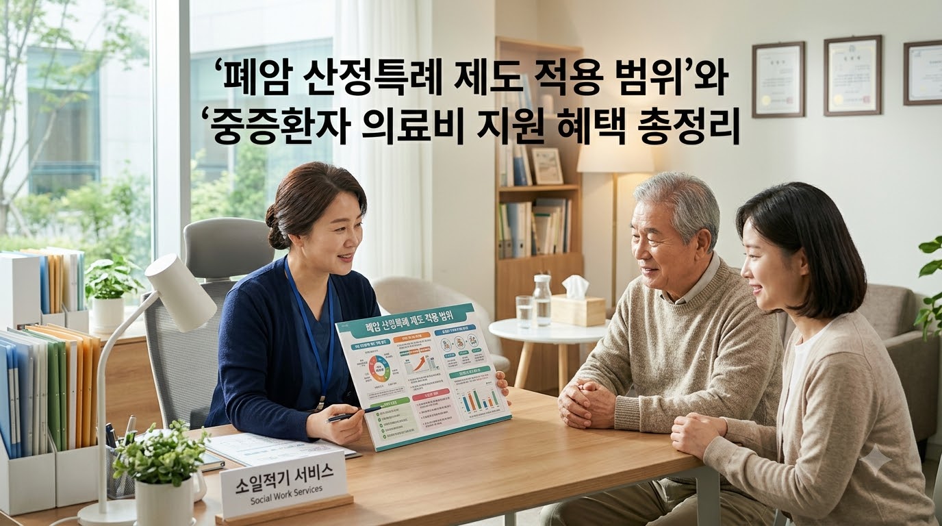 따뜻한 햇살이 비치는 아늑하고 신뢰감 주는 병원 원무과 및 사회사업 상담실에서 의료 사회복지사와 환자·보호자가 밝은 표정으로 폐암 산정특례 제도 적용 범위 및 중증환자 의료비 지원 혜택 안내 차트를 함께 보며 차분하게 상의하고 있는 모습. '폐암 산정특례 제도 적용 범위, 중증환자 의료비 지원 혜택 총정리'라는 문구가 적혀 있어, 국가 의료보장 제도의 혜택과 중요성을 시각화함.