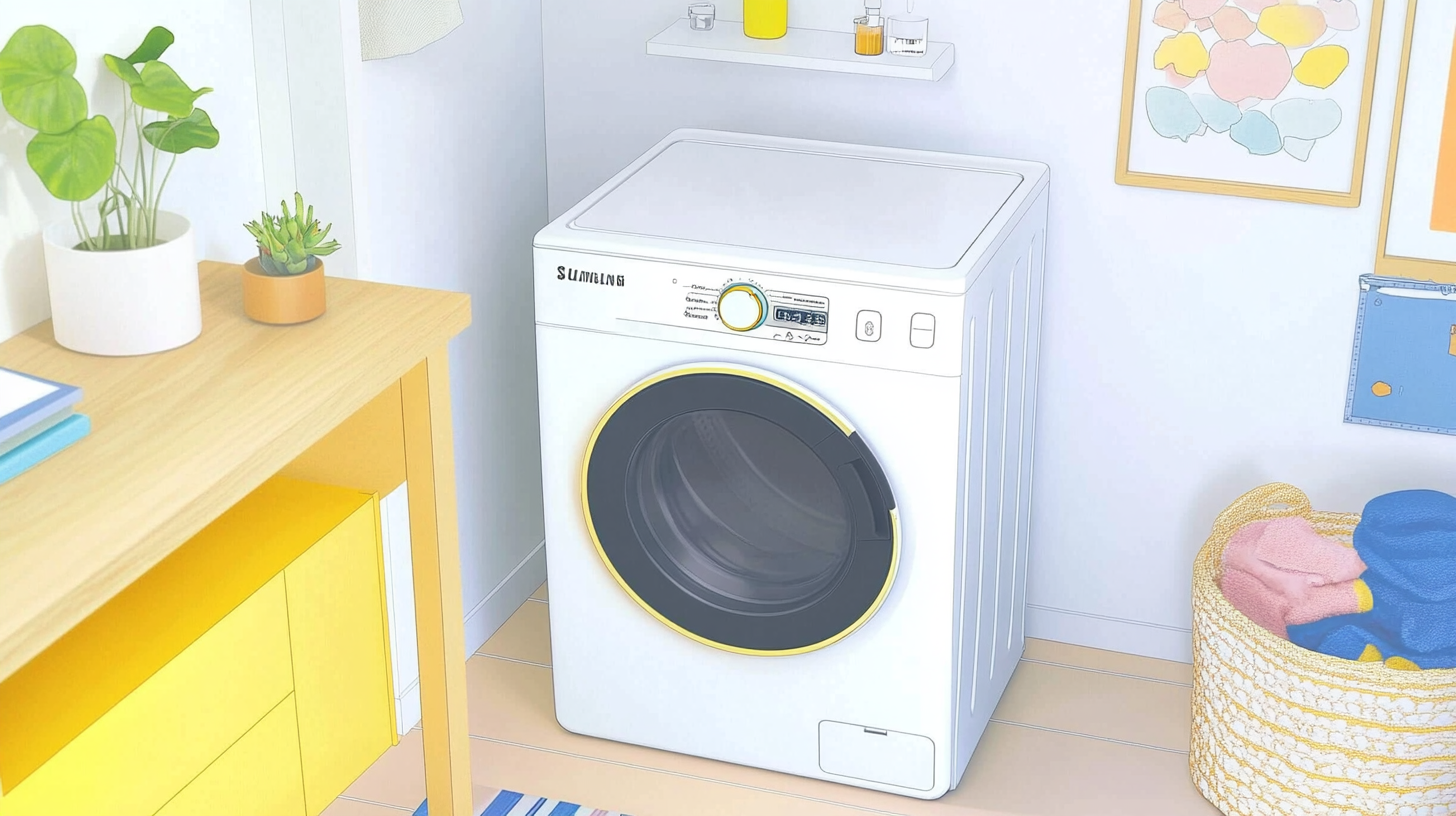작고 아늑한 아파트 공간에 설치된 삼성 WF21D17CEEC 세탁기의 세련된 디자인과 공간 최적화된 모습입니다.