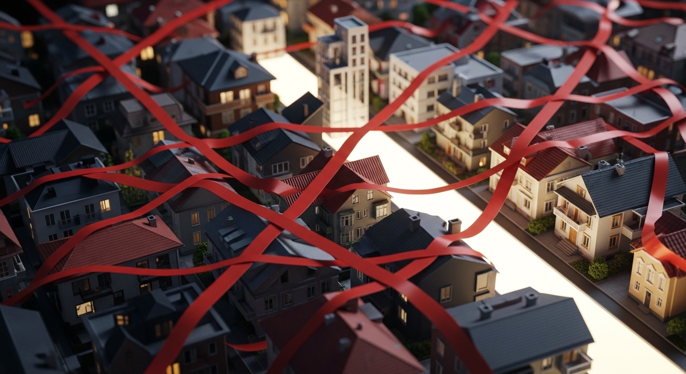 꽁꽁 묶인 아파트와 주택 모형들 사이로 빛나는 오피스텔 모형, 규제 속 틈새시장을 상징