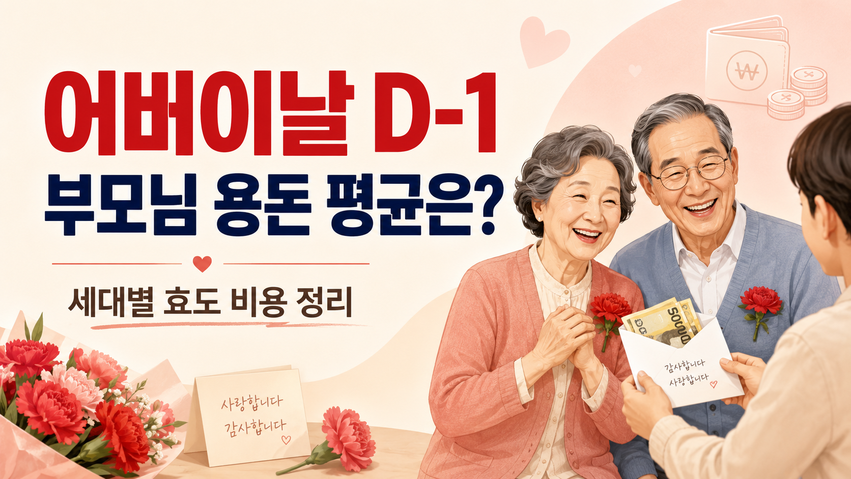 어버이날 D-1 부모님 용돈 평균과 세대별 효도 비용을 설명하는 썸네일 이미지, 카네이션과 용돈 봉투를 받은 부모님 일러스트