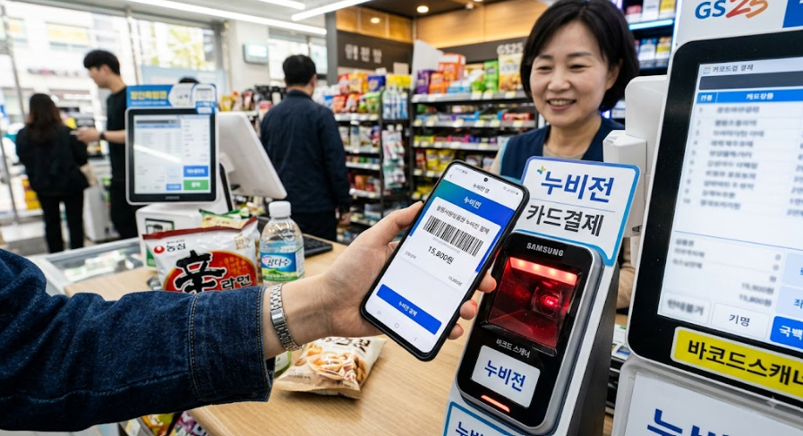 계산대 앞에서 스마트폰 바코드로 간편하게 물건을 구매하는 시민의 손 클로즈업 샷