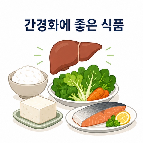 간 아이콘과 채소, 밥, 두부, 생선으로 표현한 간경화 식단 안내 이미지