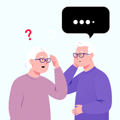 치매 증상으로 대화를 이해하지 못해 혼란스러운 표정을 짓는 노인 남성과 여성