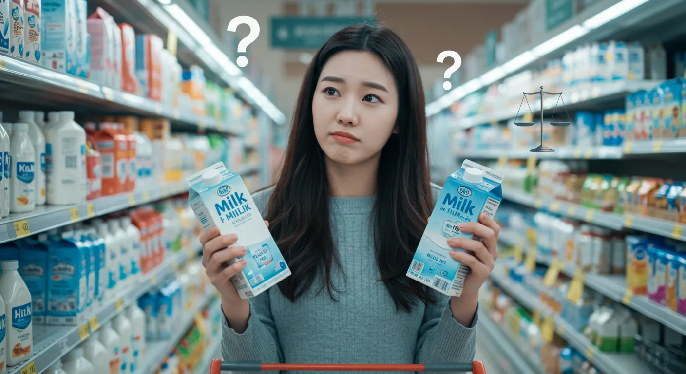 "저지방 우유의 비싼 가격에 대해 고민하는 소비자, 우유 가격 거품의 진실을 암시하는 모습"