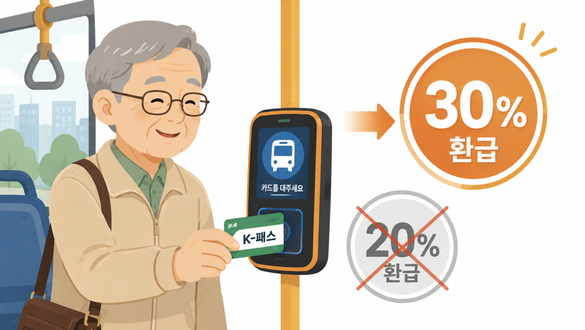 K-패스 어르신 유형, 65세 이상 환급률이 20%에서 30%로 오른 것을 보여주는 이미지