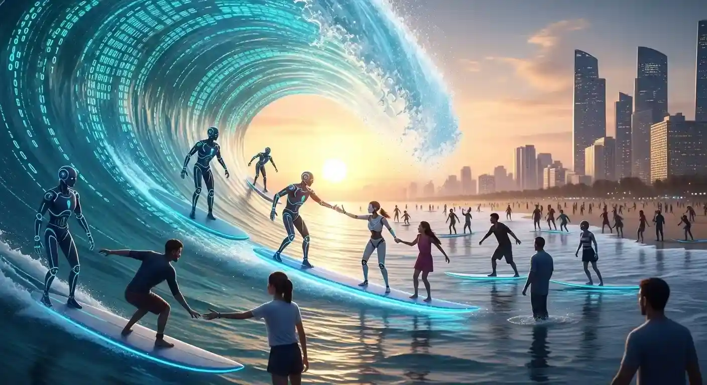 <img src="humans_surfing_ai_wave_to_overcome_tech_unemployment.webp" alt="거대한 디지털 파도가 몰려오는 해변에서 인간이 AI와 함께 서핑하며 기술 실업을 극복하고 미래를 향해 나아가는 장면을 표현한 이미지 입니다">
