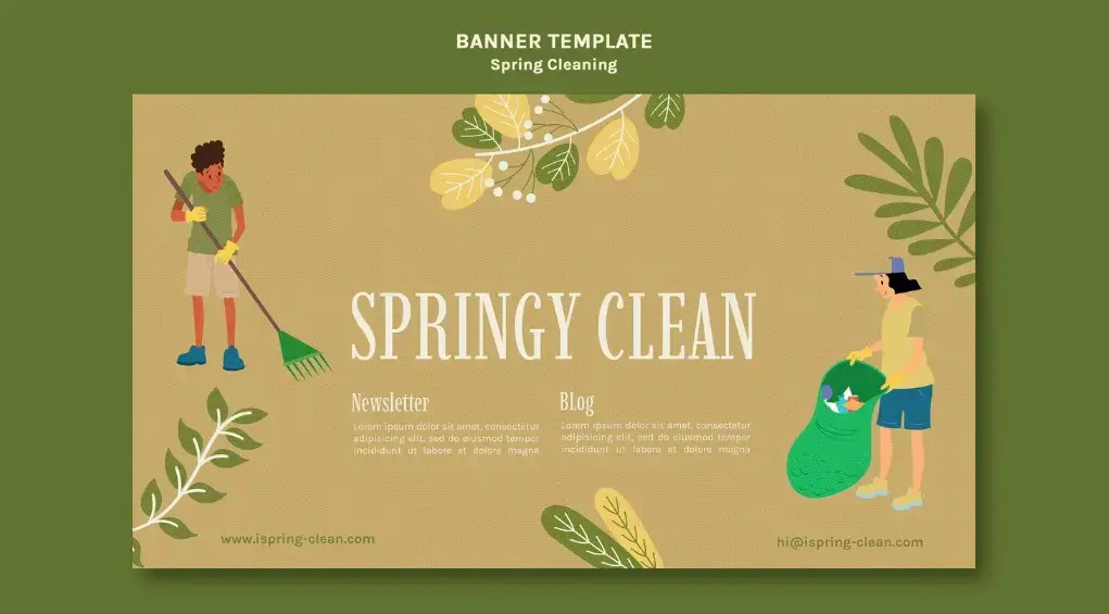 봄맞이 대청소 요령을 주제로 한 일러스트 배너 이미지로, 나뭇잎 장식과 함께 쓰레기를 정리하고 청소 도구를 사용하는 사람들의 모습이 표현됨